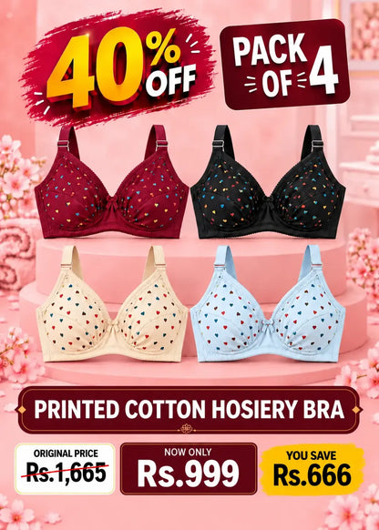 Printed Cotton Hosiery Bra Pack of 4  Maroon, Black, Yellow, and Sky blue